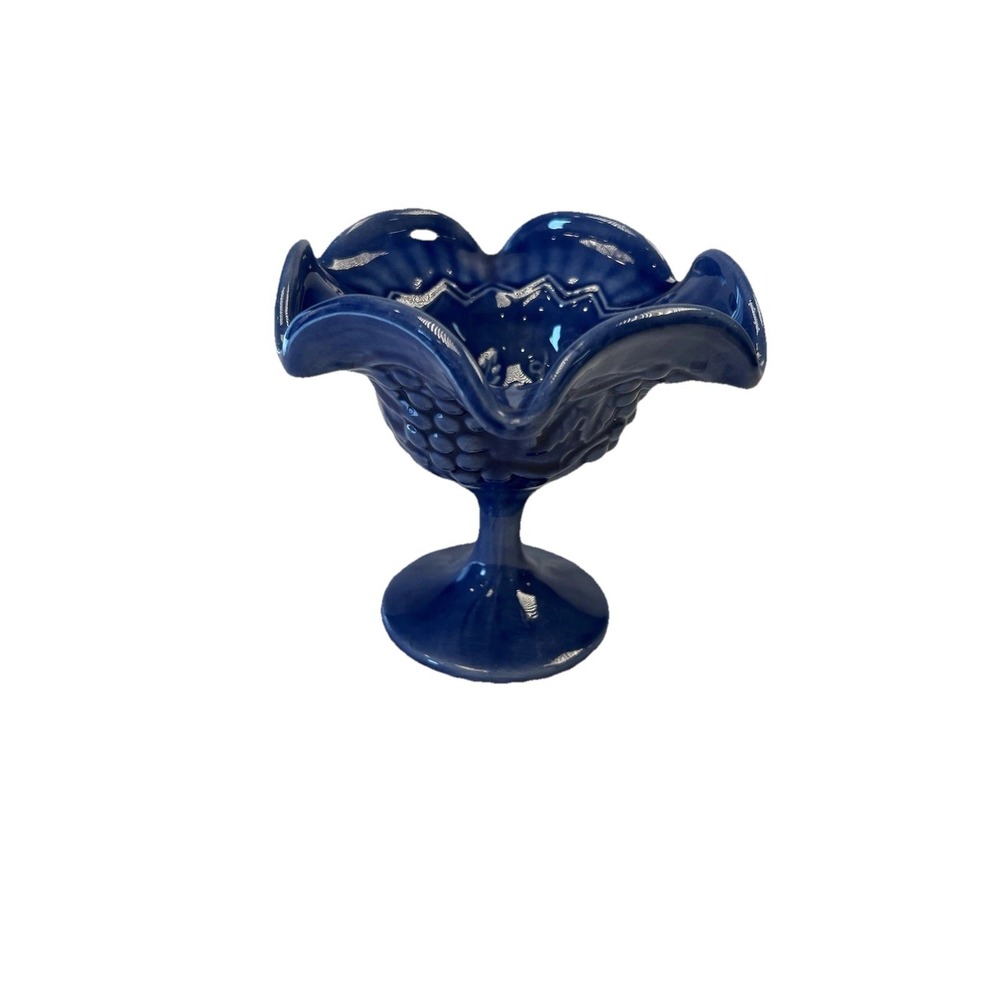 Compote Bowl Blue Grape Motif Pedestal Vintage Ceramic Dish